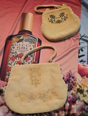 Vintage Beaded Cream Floral Handbag Clutch Purse 1950s